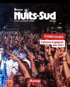 [Concours 🌴🎶] Cet été, Malongo vous offre vos places pour vibrer au rythme des Nuits du Sud !

Des soirées uniques sous les étoiles, entre musique, chaleur et art de vivre à la méditerranéenne. Du 9 au 18 juillet ✨

🎟️ À remporter : 2 places par soir 

✅ Pour participer :
- S'abonner à @cafesmalongo & @nuitsdusud
- Taguer le +1 avec qui vous danserez jusqu'au bout de la nuit 
Partager en story pour doubler vos chances !

Tirage au sort le 6/07.
Bonne chance ! 🍀