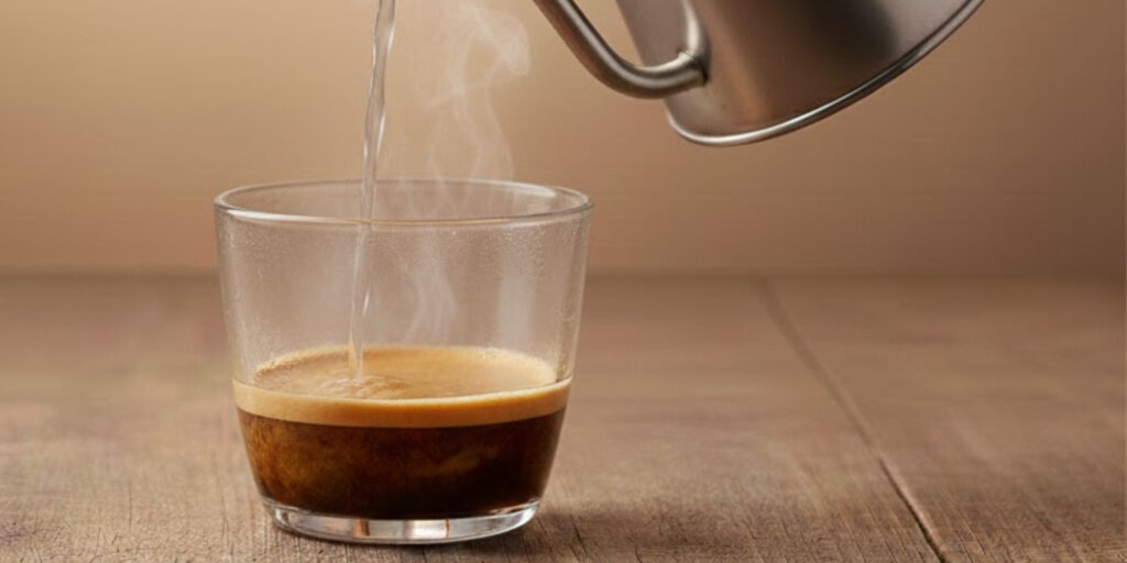 De l'eau à 90 degré est versé dans un cafe espresso, dans le but de faire un americano