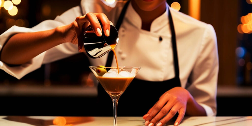 Barista professionnel versant un filet de café espresso torréfié artisanalement dans un verre à martini pour préparer un Espresso Martini signature - garniture d'olive, mousse crémeuse onctueuse et ambiance lounge en fond.
